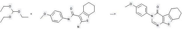 Benzo[b]thiophene-3-carboxamide,2-amino-4,5,6,7-tetrahydro-N-(4-methoxyphenyl)- can be used to produce 3-(4-methoxy-phenyl)-5,6,7,8-tetrahydro-3H-benzo[4,5]thieno[2,3-d]pyrimidin-4-one at the temperature of 95 °C